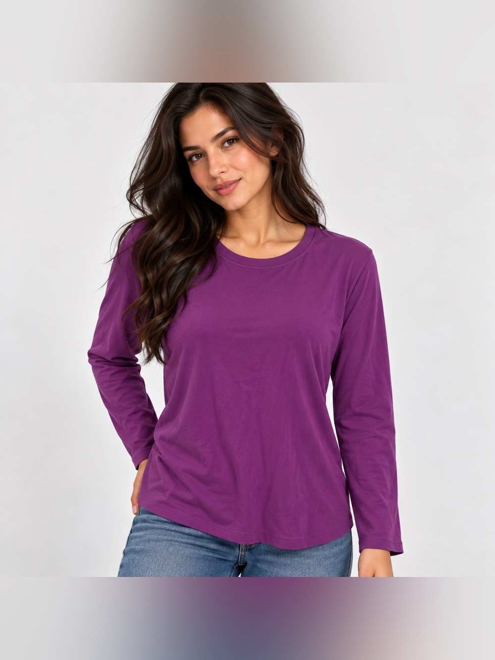 NEW Basic Editions Women’s Purple 100% Cotton Long Sleeve Crew Neck Top Size L/G